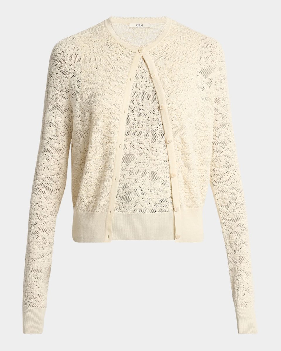 Double Lace Knit Crewneck Cardigan With Tank